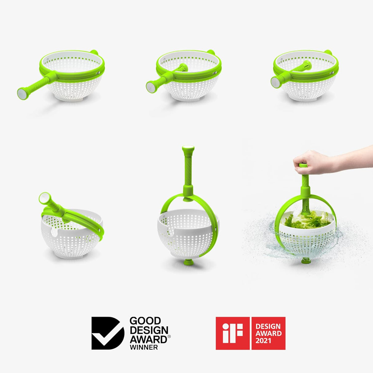 Spina 2-In-1 Easy-To-Use, Collapsible Salad Spinner & Straining Colander for Salad, Fruit, Vegetable, Lettuce - White/Green