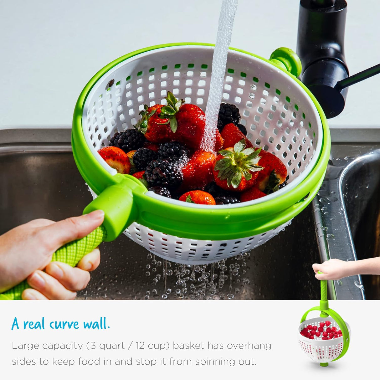 Spina 2-In-1 Easy-To-Use, Collapsible Salad Spinner & Straining Colander for Salad, Fruit, Vegetable, Lettuce - White/Green