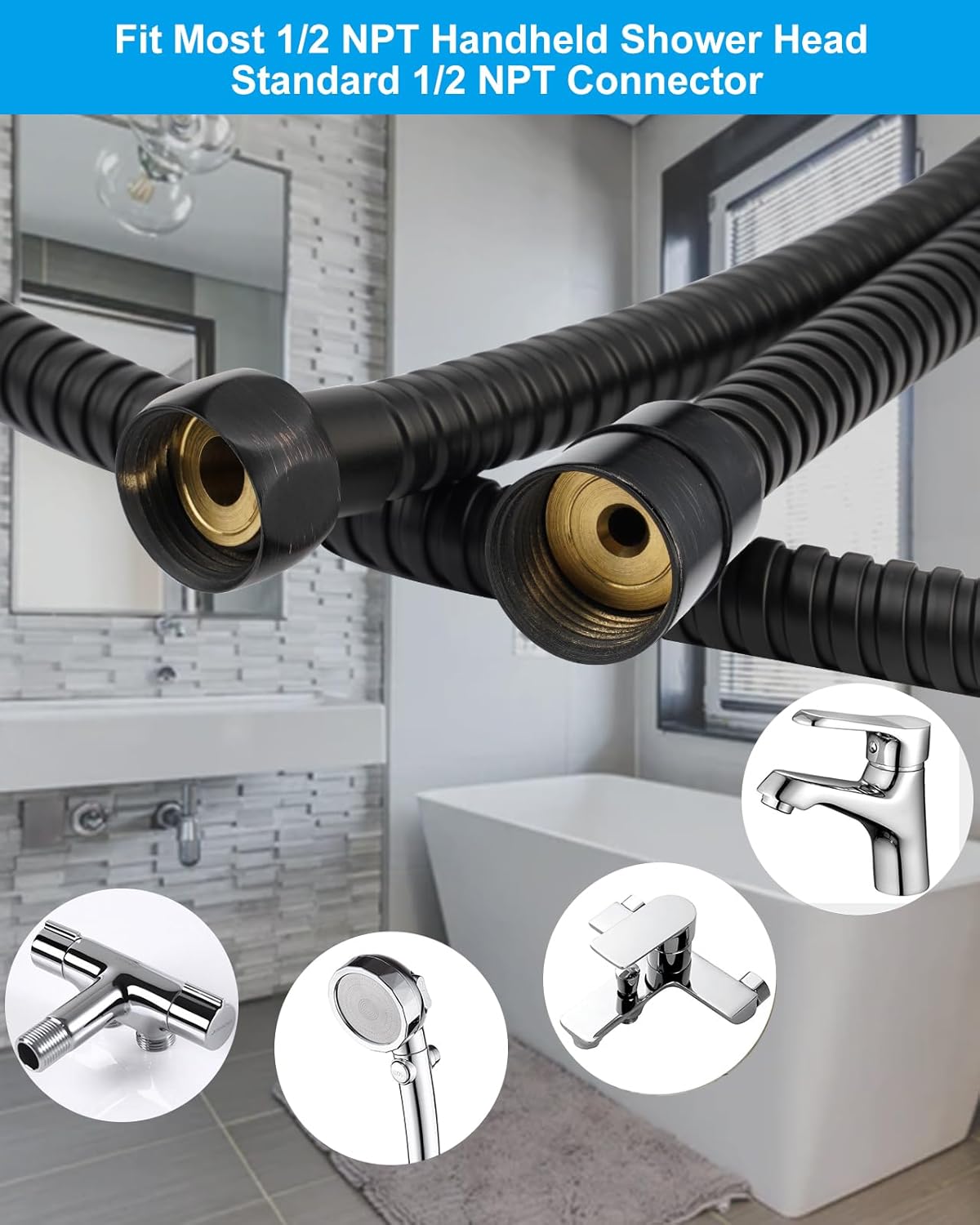 All Metal 90 Inch Stainless Steel Extra Long Shower Hose Replacement, 4 Spray Handheld Showerhead Set, Anti-Twist Handheld Shower Head Hose Extension