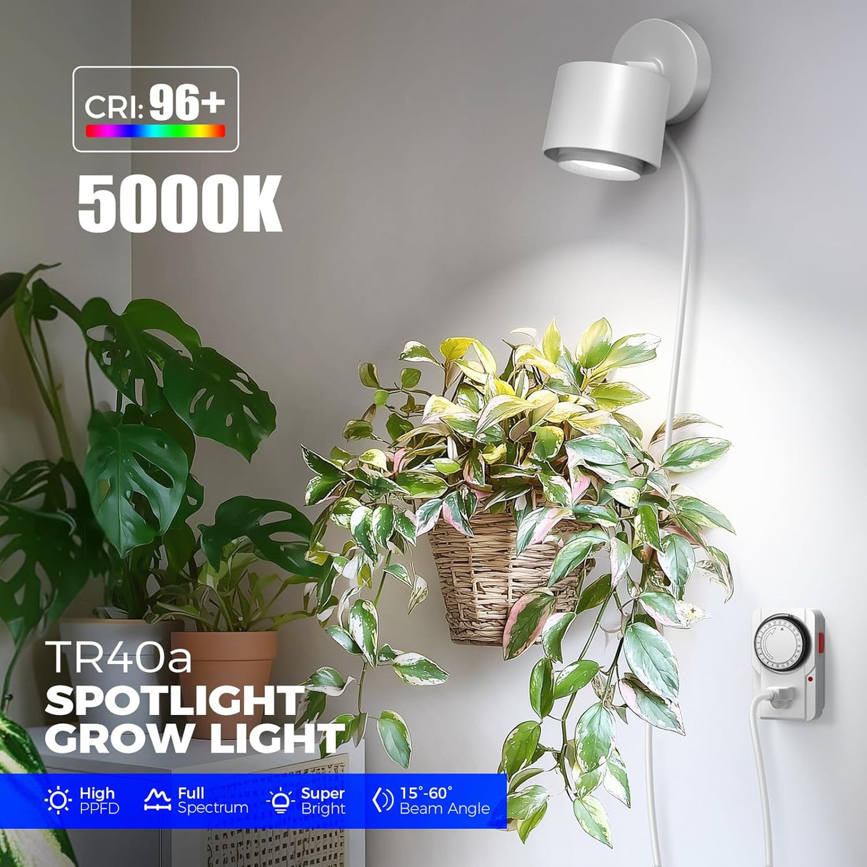 TR40a Track Grow Light for Indoor Plants, 40W Wall-Mounted Grow Bulbs with Adjustable Beam Angle (15°-60°), 5000K Full Spectrum Plant Spotlight with Timer & 16.4' Power Cord, 1-Pack