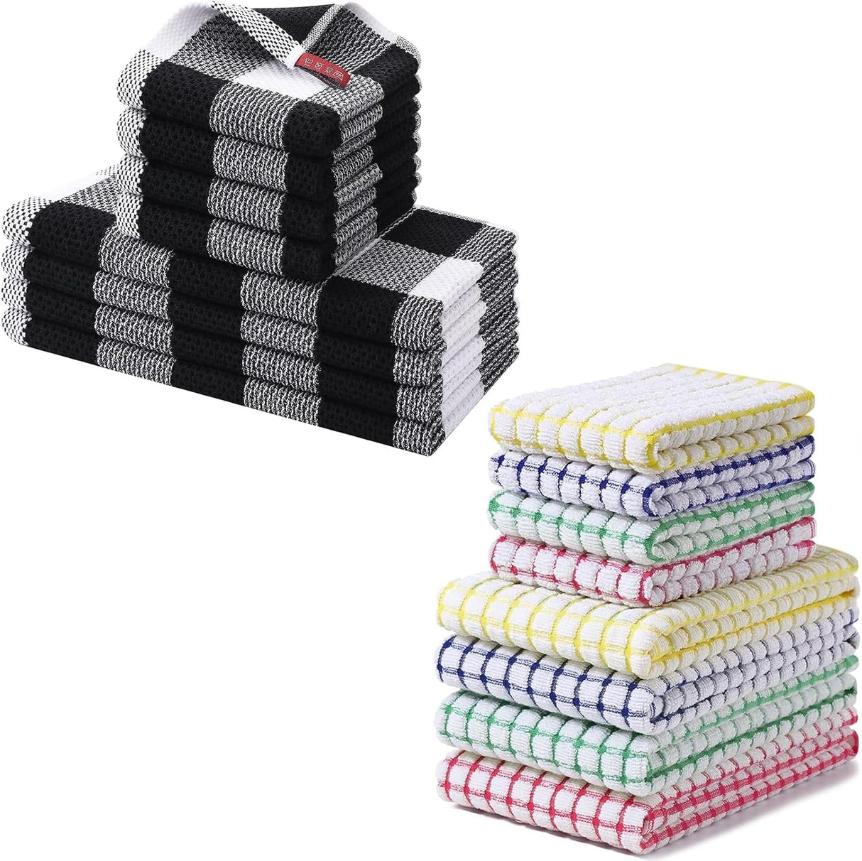 Homaxy Kitchen Towels and Dishcloths Set (12 x 12 and 13 x 28 Inches, 6 Pack, White & Black), Kitchen Towels and Dishcloths Set (16 x 25 and 12 x 12 Inches, 8 Pack, Blue/Yellow/Red/Green)