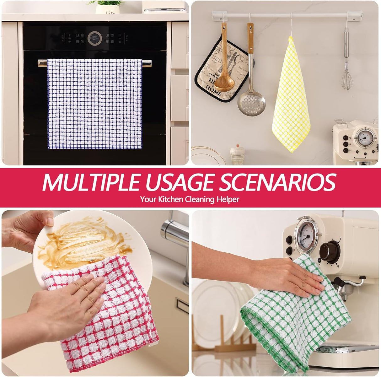 Homaxy Kitchen Towels and Dishcloths Set (12 x 12 and 13 x 28 Inches, 6 Pack, White & Black), Kitchen Towels and Dishcloths Set (16 x 25 and 12 x 12 Inches, 8 Pack, Blue/Yellow/Red/Green)