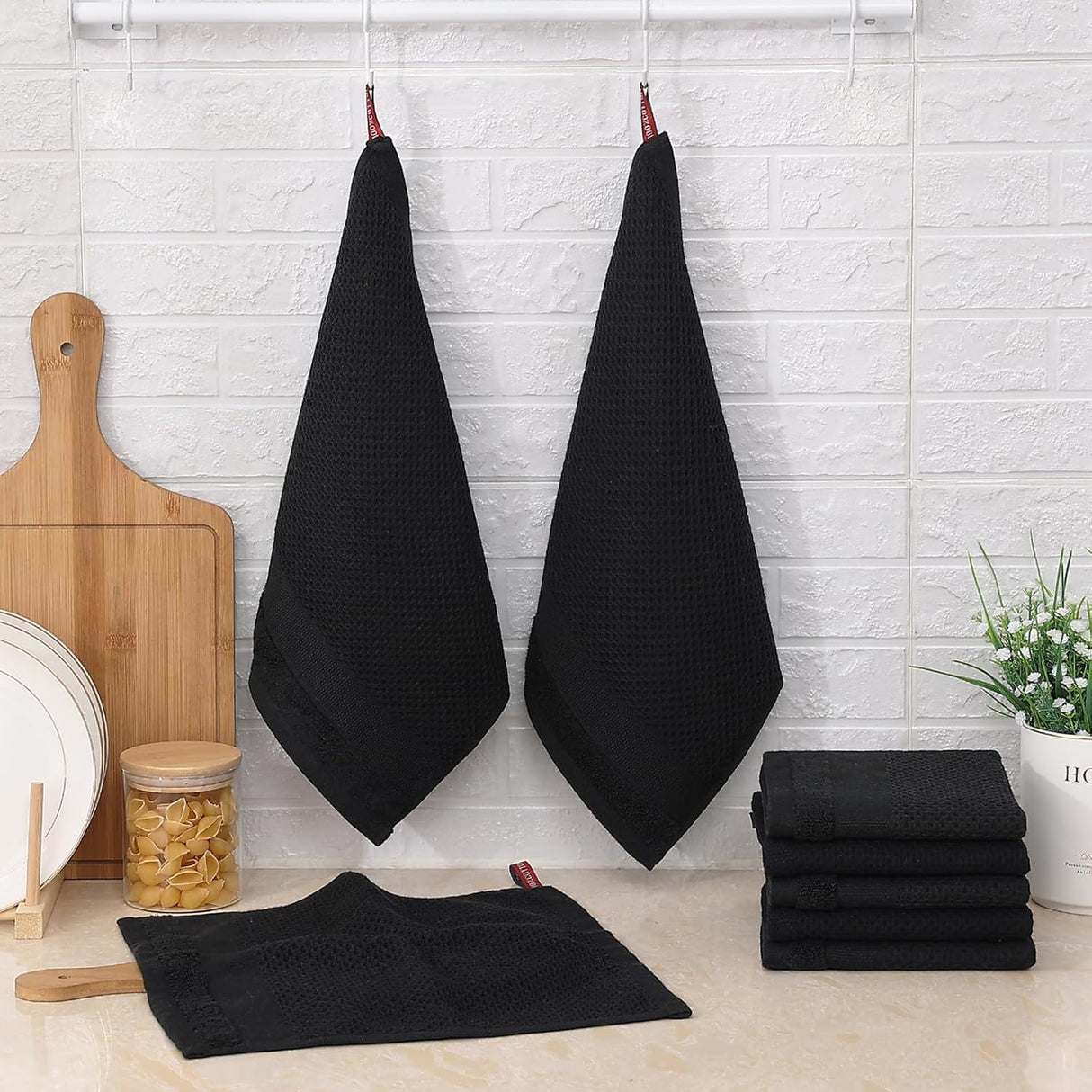 Homaxy 100% Cotton Dish Cloths, 8 Pack - 12 x 12 Inches, Black and Kitchen Towels and Dishcloths Set, 12 x 12 and 13 x 28 Inches, White & Black