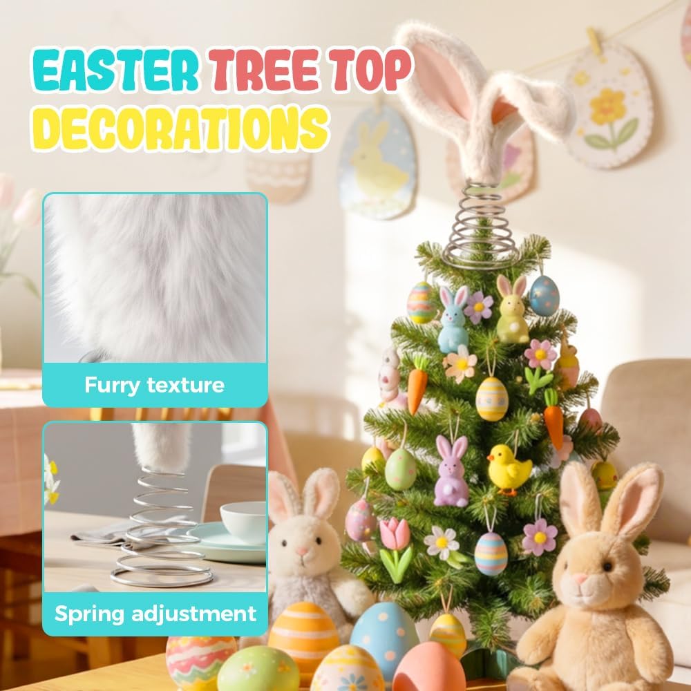 Easter Tree Topper Bunny Ears, Plh Metal Rabbit Ornament, Cute Bendable Spring Holiday Tree Decoration for Easter Home Party Supplies (2PCS)
