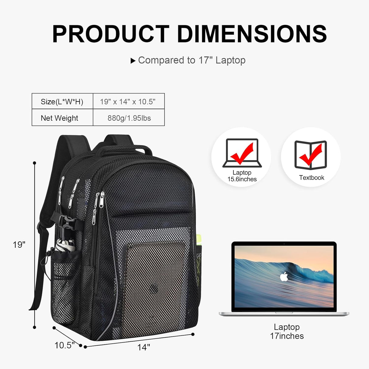 Heavy Duty X-Large Mesh Backpacks for Adults,Semi-Transparent college Backpacks with Rain cover for School, Beach, and Travel (X-Large)