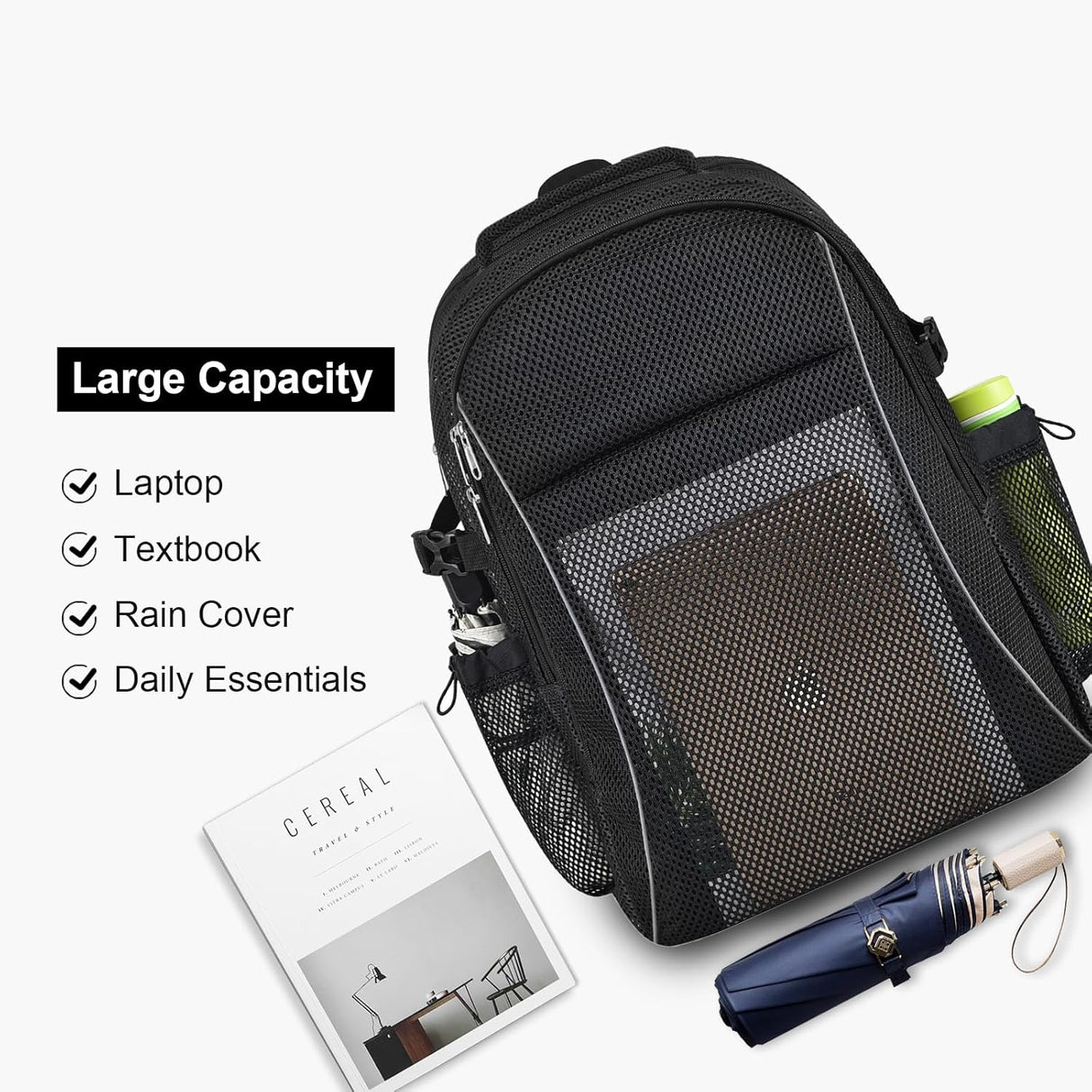Heavy Duty X-Large Mesh Backpacks for Adults,Semi-Transparent college Backpacks with Rain cover for School, Beach, and Travel (X-Large)