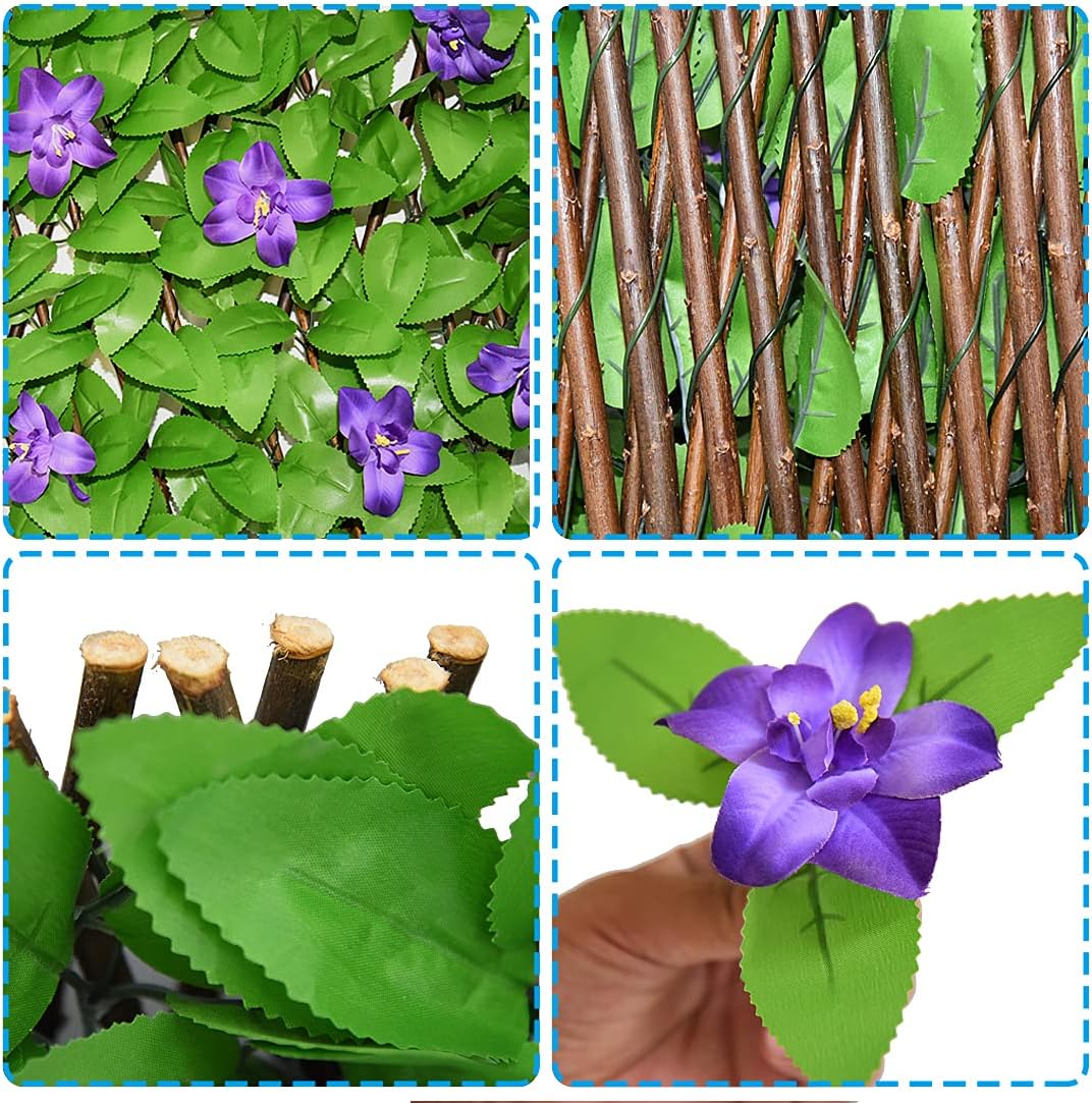 Expandable Fence Privacy Screen for Balcony Patio Outdoor,Decorative Faux Ivy Fencing Panel,Artificial Hedges (Single Sided Leaves) (1, Purple Flowers)