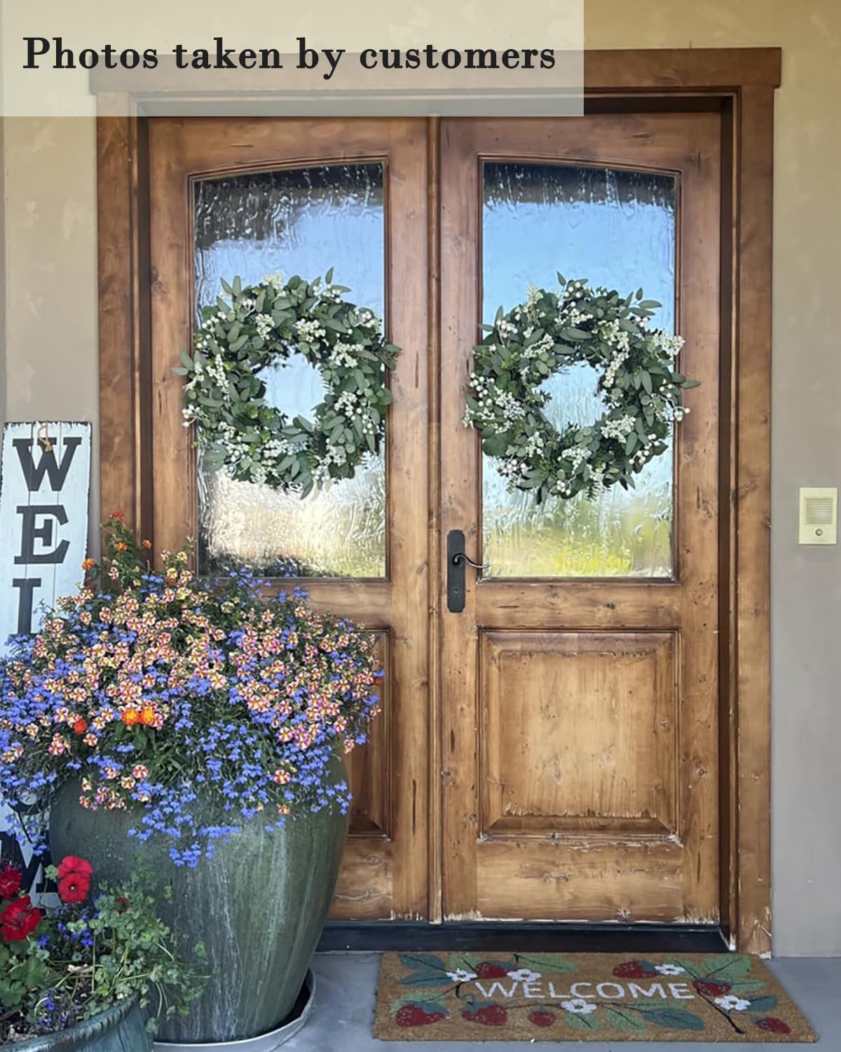 24-26 Inch Artificial Spring Summer Greenery Christmas Wreaths for Front Door Green Eucalyptus Leaf Wreath Decor Boxwood with Big Berries for Farmhouse Outside Year Round