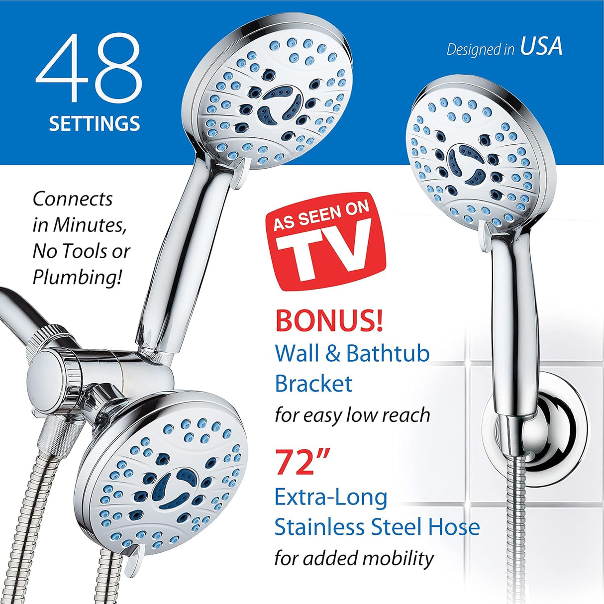 AquaCare As-Seen-On-TV High Pressure 48-setting Rain & Handheld 3-way Shower Head Combo - Anti-clog Nozzles/Tub, Tile & Pet Power Wash/Extra Long 6 ft. Hose/All Chrome Finish