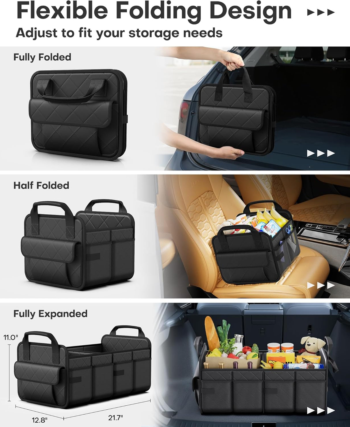Trunk Organizer for SUV – Foldable & Portable Car Organizers and Storage with 2 Compartments, Large Capacity Car Trunk Organizer Car Accessories for Truck Sedan, Black, 21.7" x 12.8" x 11.0"