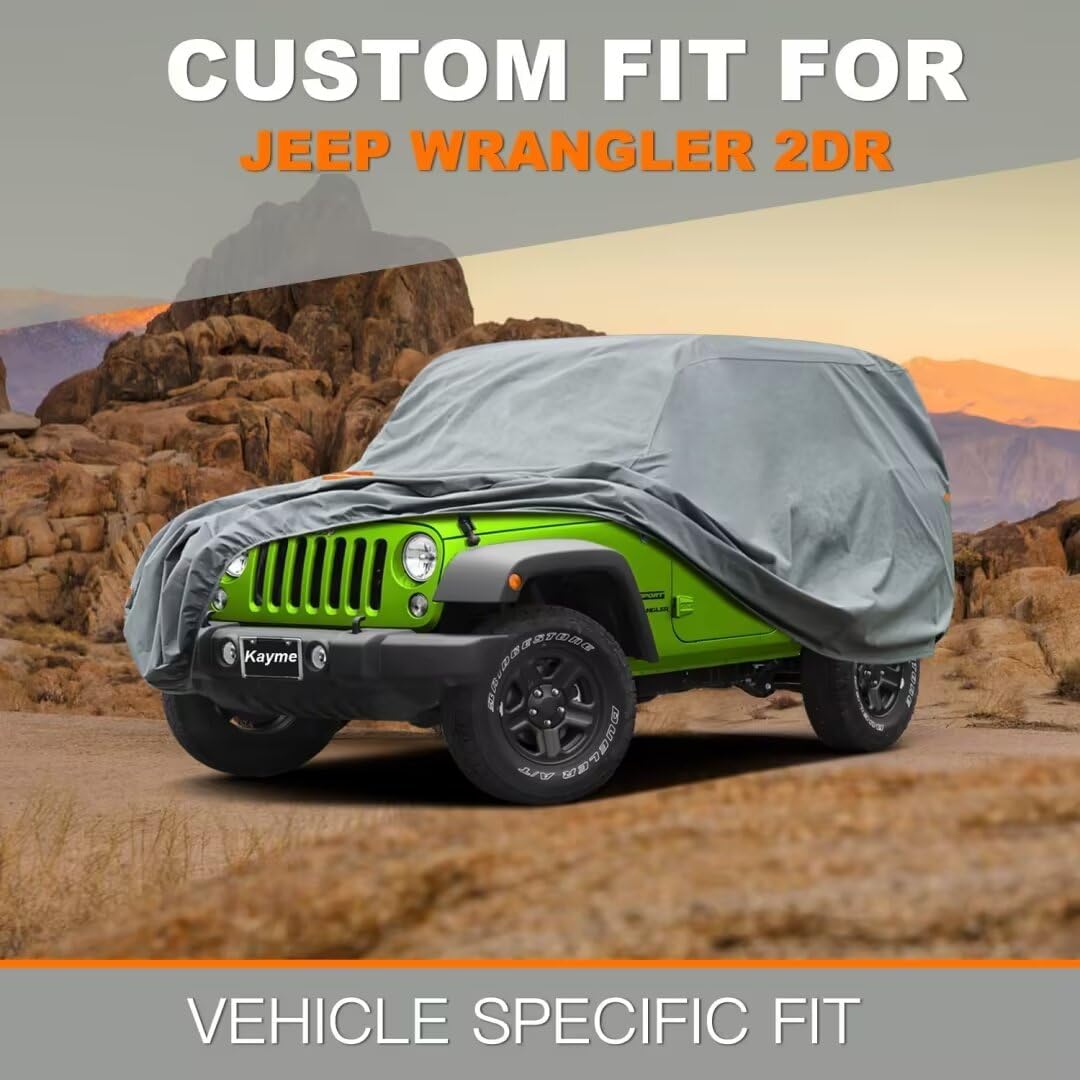 Heavy Duty Jeep 2dr Car Cover, Custom Fit Jeep Wrangler 2 Door CJ YJ JK JL Waterproof All Weather for Automobiles, Full Car Cover - Sun, Rain & UV Protection