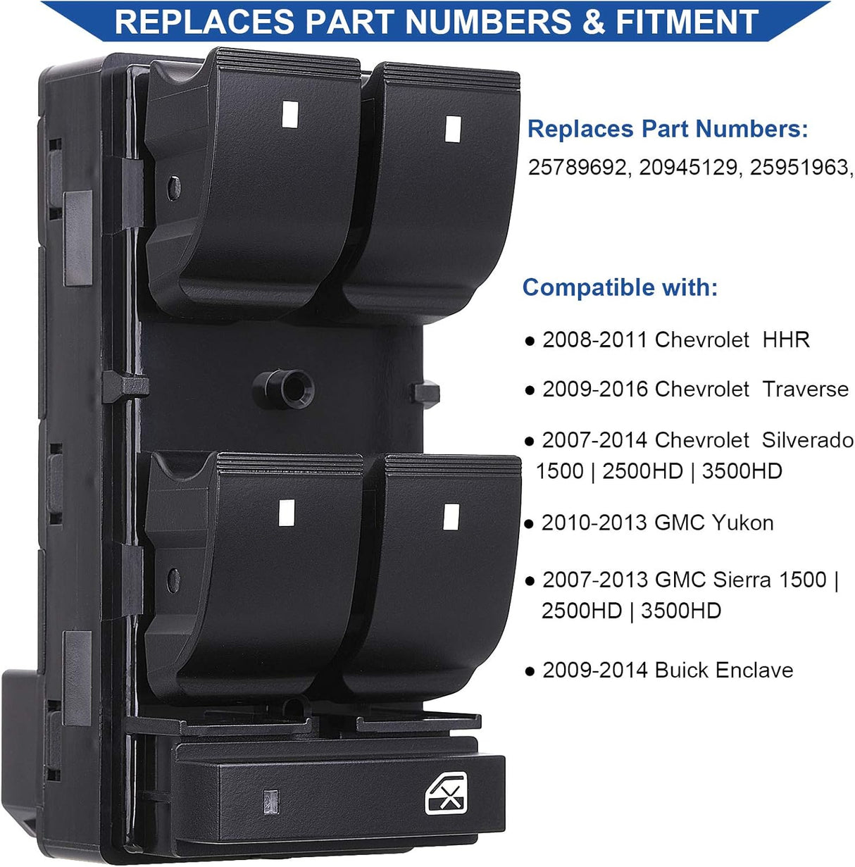 Driver Side Power Master Window Switch, Compatible with Chevy Silverado/Chevrolet Traverse/HHR/2007-2013 GMC Sierra/Yukon/Buick Enclave Replace OE 20945129 25789692