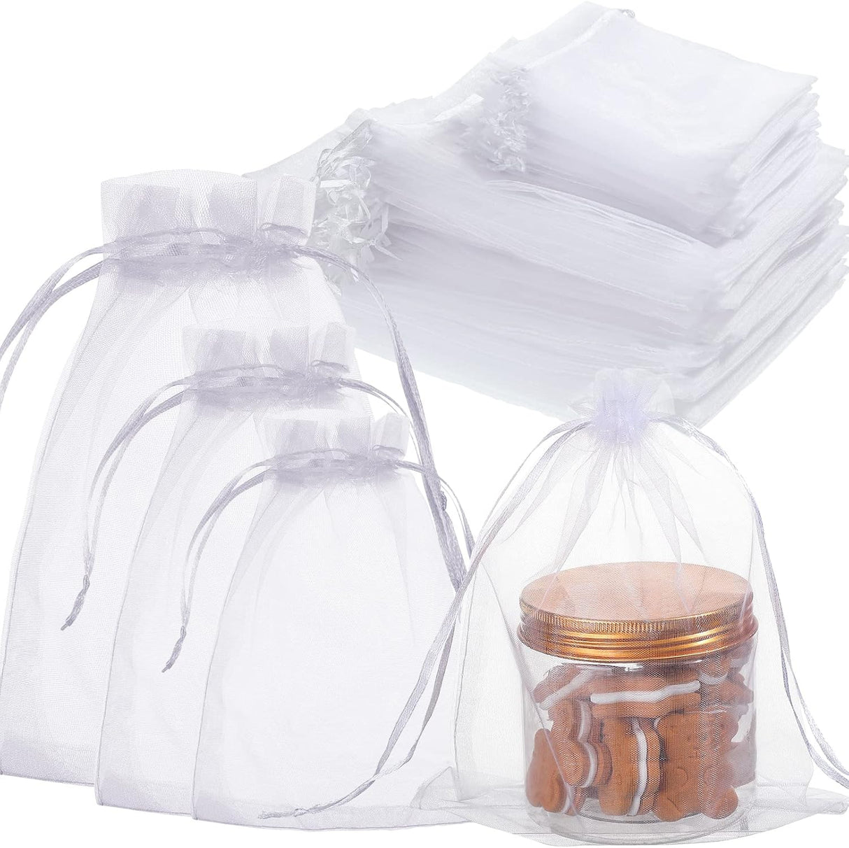 100 Pcs White Organza Bags Bulk Sheer Mesh Gift with Drawstring for Wedding Party Supplies Eid Mubarak Candy Fruit Jewelry(4 x 6 In, 7 9 8 12 In) 4 In