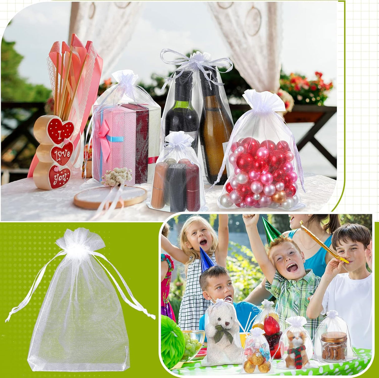100 Pcs White Organza Bags Bulk Sheer Mesh Gift with Drawstring for Wedding Party Supplies Eid Mubarak Candy Fruit Jewelry(4 x 6 In, 7 9 8 12 In) 4 In