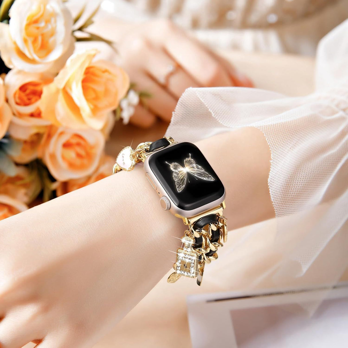 Stylish Metal Band Compatible with Apple Watch Bands for Women 40mm 38mm 41mm 44mm 42mm 45mm 46mm,Pretty Chain Strap with Apple Watch Accessories Charms for iWatch Series 11 10 9 8 7 6 5 4 3 2 1 SE
