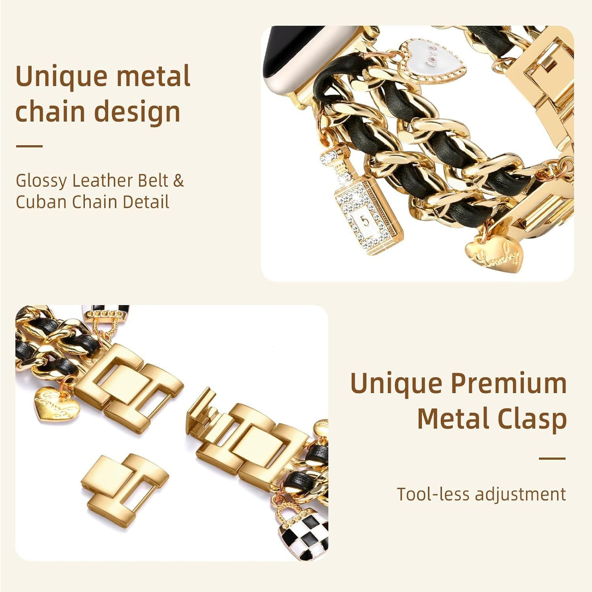 Stylish Metal Band Compatible with Apple Watch Bands for Women 40mm 38mm 41mm 44mm 42mm 45mm 46mm,Pretty Chain Strap with Apple Watch Accessories Charms for iWatch Series 11 10 9 8 7 6 5 4 3 2 1 SE