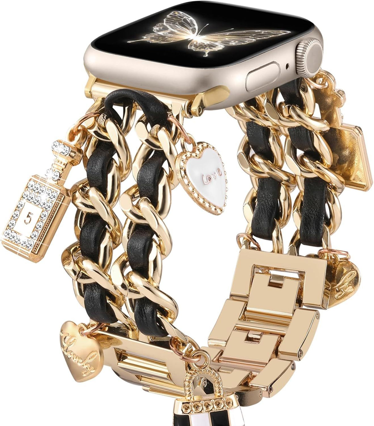 Gold Band Compatible with Apple Watch Bands for Women 40mm 42mm 38mm 41mm 44mm 45mm 46mm, Metal Double Chain Link Design Bracelet Replacement for iWatch Series 11 10 9 8 7 6 5 4 3 2 1(No Case)