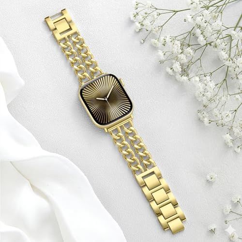 Gold Band Compatible with Apple Watch Bands for Women 40mm 42mm 38mm 41mm 44mm 45mm 46mm, Metal Double Chain Link Design Bracelet Replacement for iWatch Series 11 10 9 8 7 6 5 4 3 2 1(No Case)