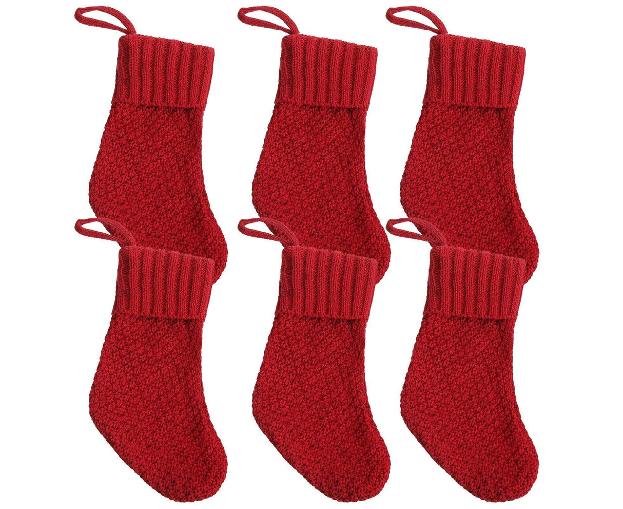 4Pcs/6Pcs Christmas Stocking Knitted with Hanging Rope Thickened Country Style Christmas Tree Decorations Mantle Hanging Stockings-Red 6pcs