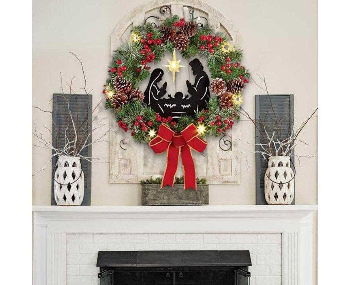 Christmas Wreath Christmas Ornament Decoration Holy Family Set Led Lights Candle Front Door Wall Christmas Hanging Sign Sacred - Red - 35*35*4cm