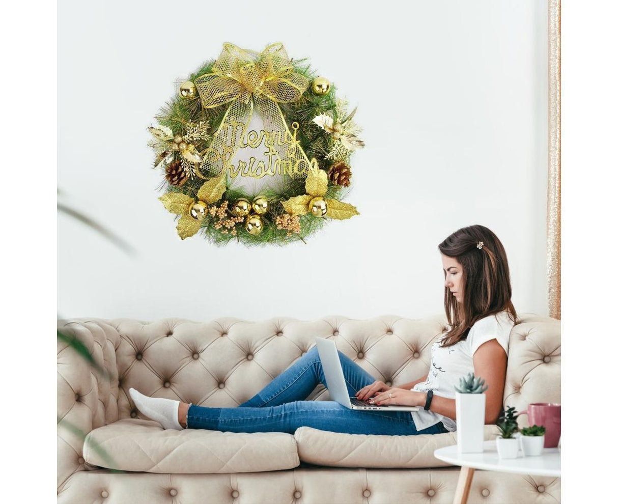 Christmas Wreath Merry Christmas Front Door Ornament Wall Artificial Pine Garland for Party Decor - gold - 30cm