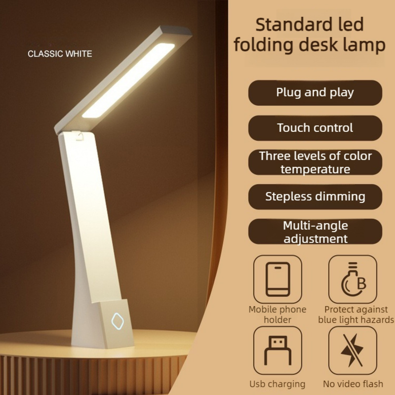 2-in-1 Foldable LED Eye-Caring Desk Lamp, USB-Rechargeable Study Light with Phone Holder—White