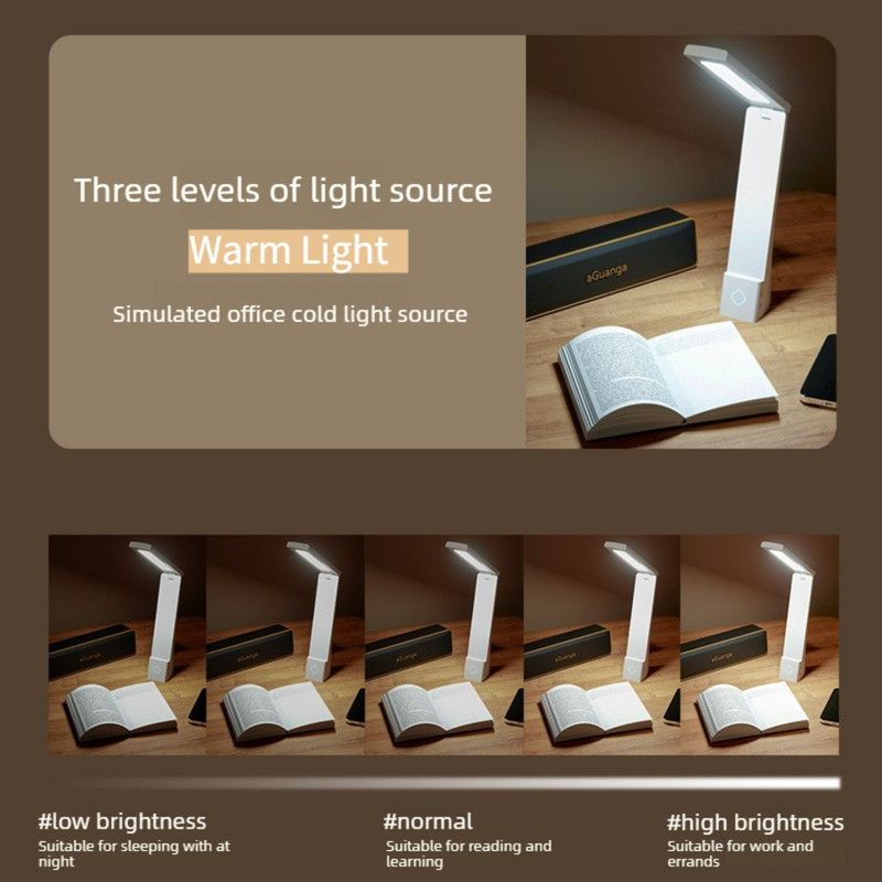 2-in-1 Foldable LED Eye-Caring Desk Lamp, USB-Rechargeable Study Light with Phone Holder—White