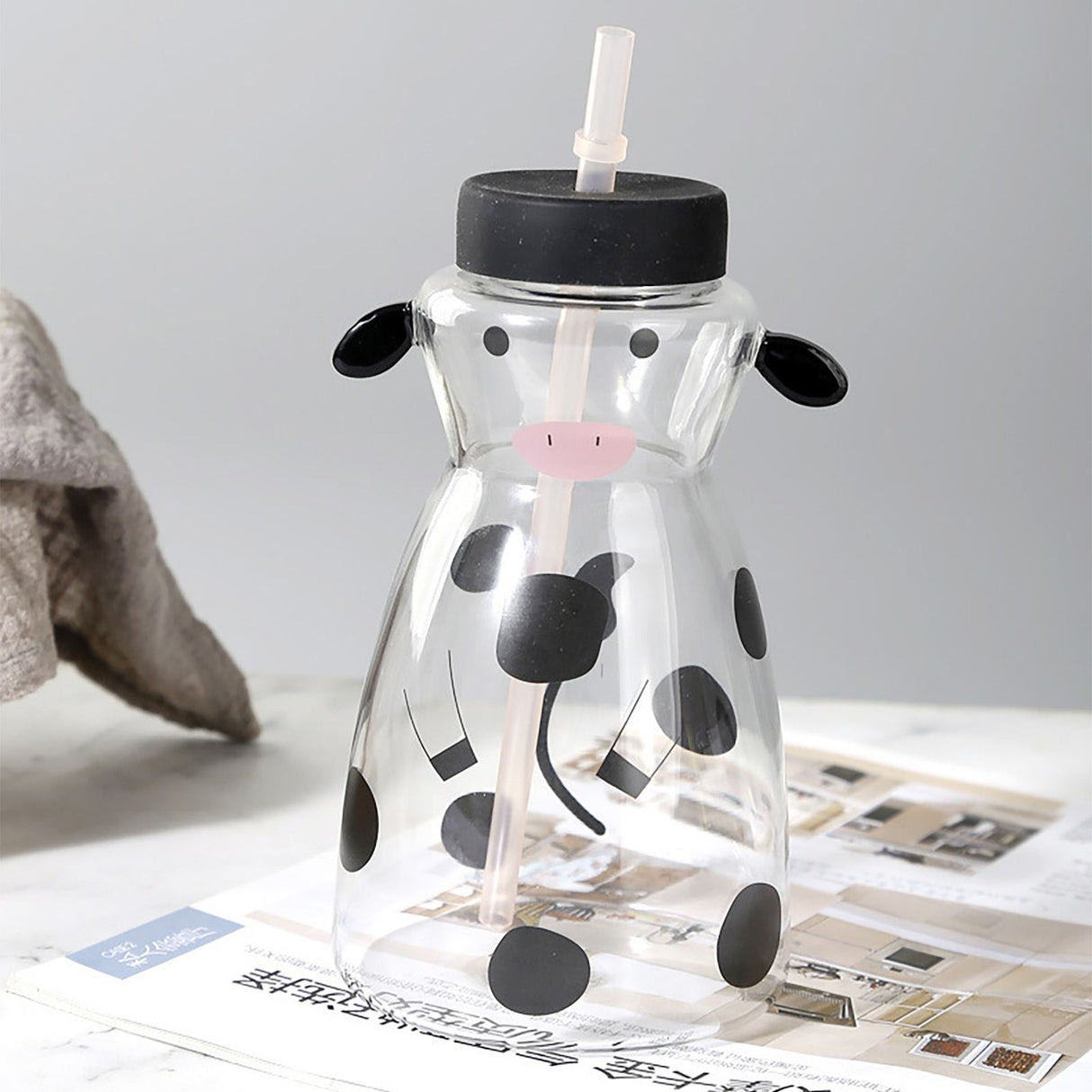 600MLCreative Glass Straw Cup Cow Shape Glass Cup with Straw