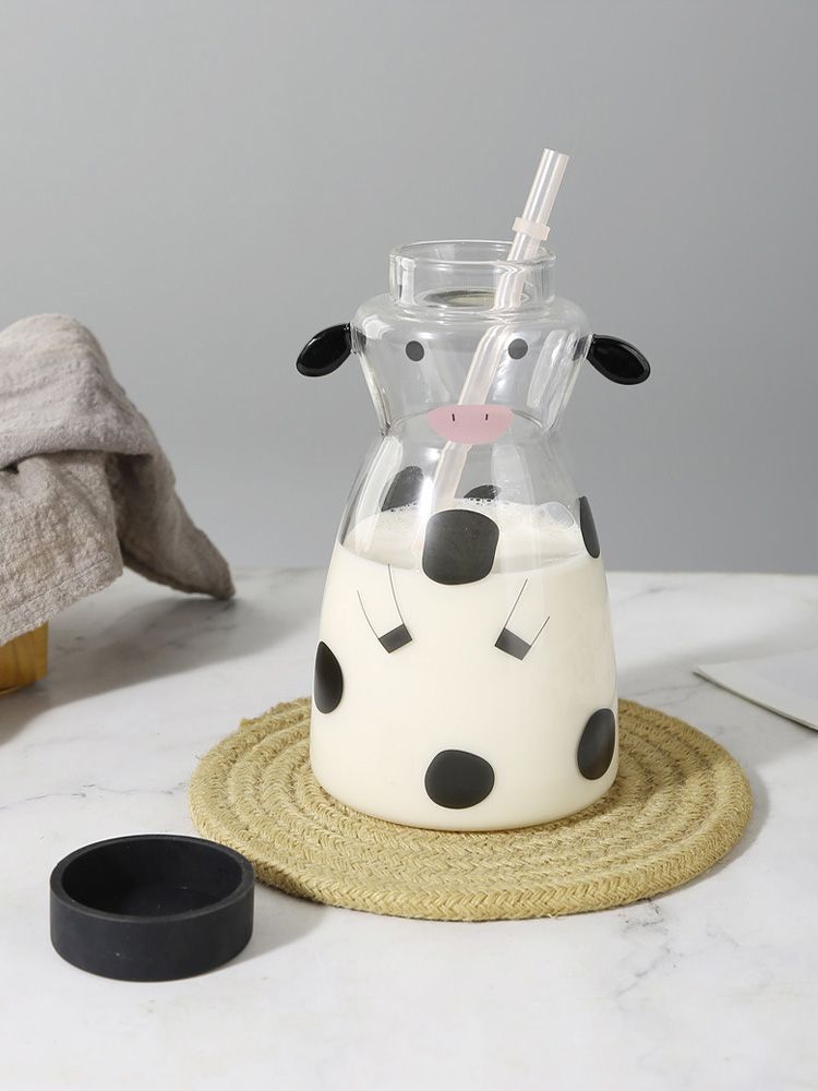 600MLCreative Glass Straw Cup Cow Shape Glass Cup with Straw