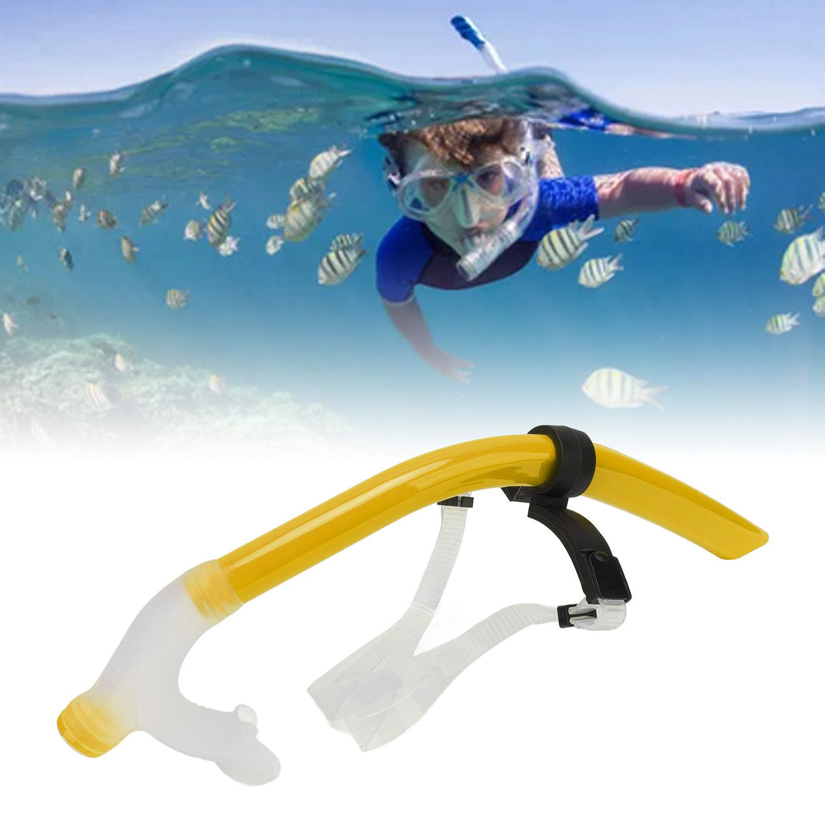 Swimming Snorkel Reduced Drag Silicone Swimming Breathing Tube with Adjustable Head Brace for Snorkeling Diving Yellow