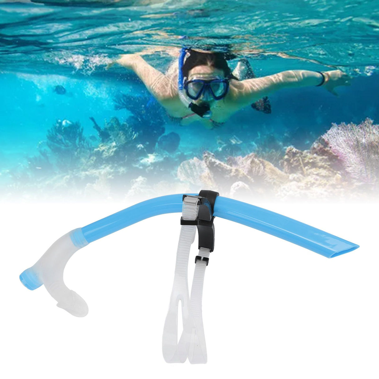 Swimming Snorkel Reduced Drag Silicone Swimming Breathing Tube with Adjustable Head Brace for Snorkeling Diving Sky Blue