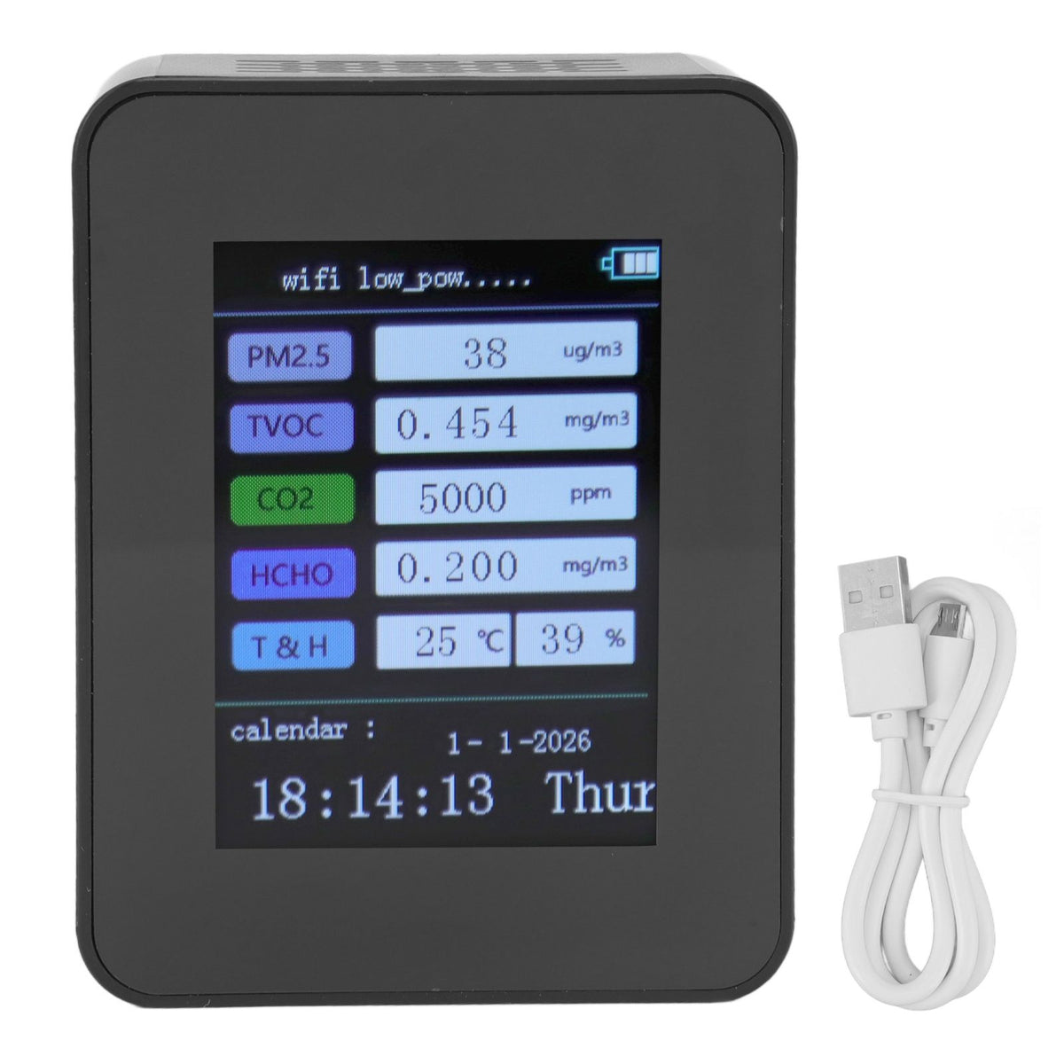 Indoor Air Quality Monitor for TUYA WiFi Smart PM2.5 Formaldehyde Testing 7 in 1 Calendar Time Function Air Quality Detector Black WIFI Version VOC