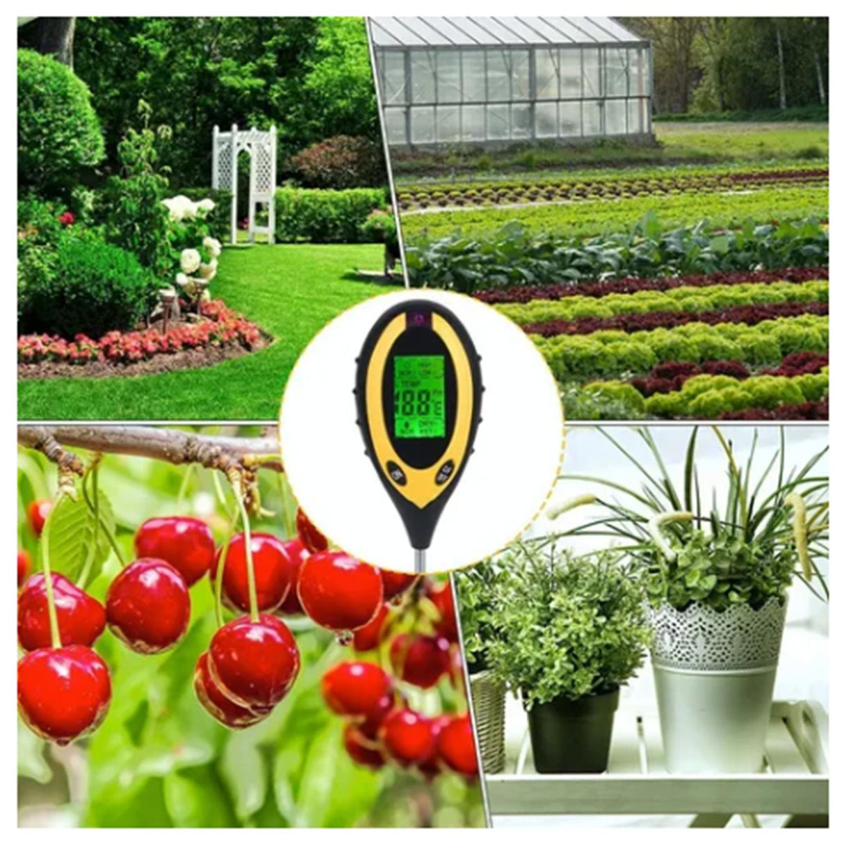 4 In 1 Soil Meter Temperature Sunlight Moisture PH Soil Tester for Family Orchard Agriculture Rice Vegetable Cultivation