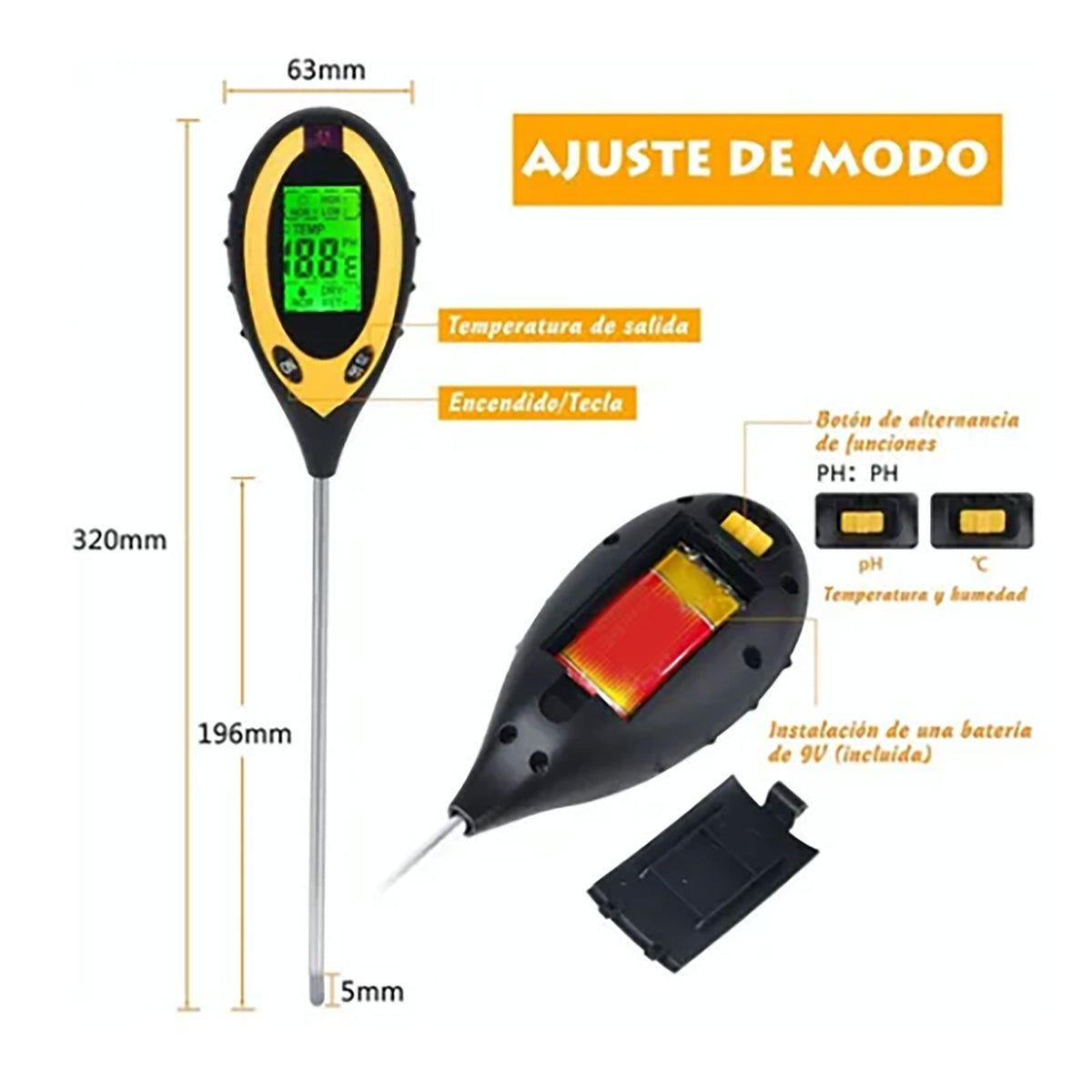 4 In 1 Soil Meter Temperature Sunlight Moisture PH Soil Tester for Family Orchard Agriculture Rice Vegetable Cultivation