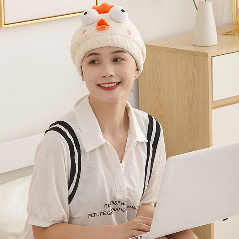 Hair Drying Caps Ultra Absorbent Microfiber Shower Wrap Towels Soft Cute Cartoon Quick Drying Bath Hat for Wet Long Thick Hair Beige Chicken