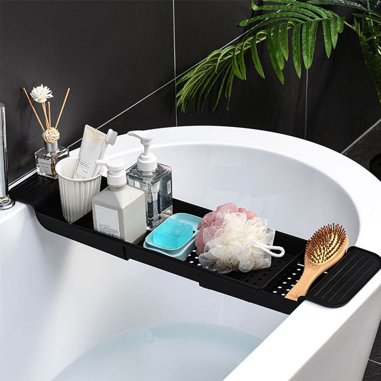 Bathtub Tray Stable Placement Expandable Plastic Material Draining Design Bath Caddy Tub Table for Bathroom Black