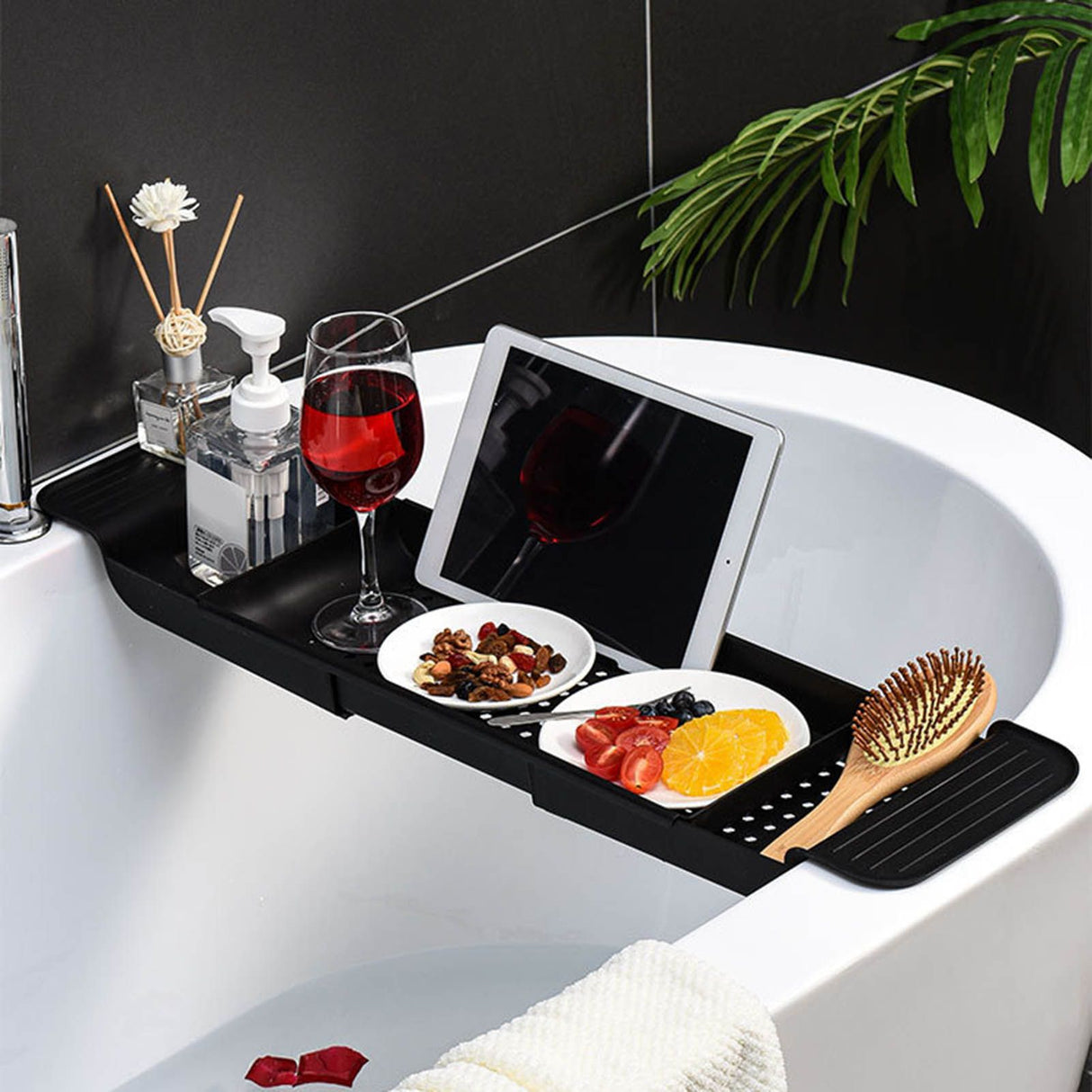 Bathtub Tray Stable Placement Expandable Plastic Material Draining Design Bath Caddy Tub Table for Bathroom Black