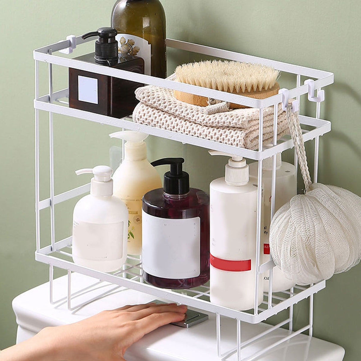 Toilet Shelf Thickening Waterproof Large Capacity Nail Free Installation Iron Over Toilet Bathroom Organizer Double Layer White