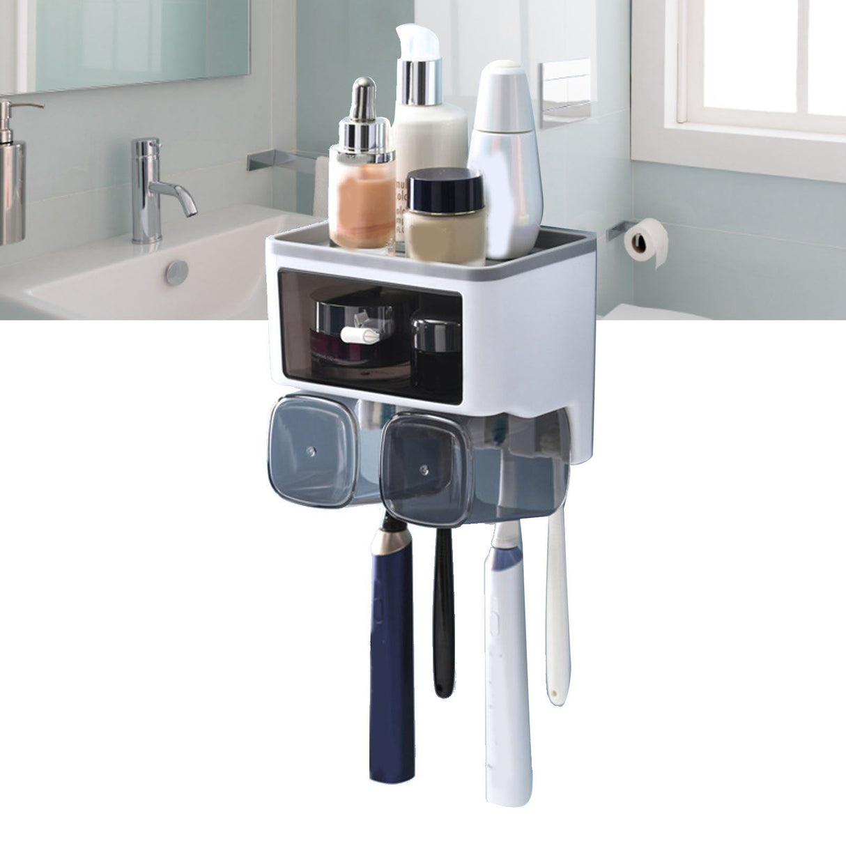 Toothbrush Shelf Punch Free Wall Mounted Mouthwash Cup Holder Toilet Storage Rack White 2 Cups