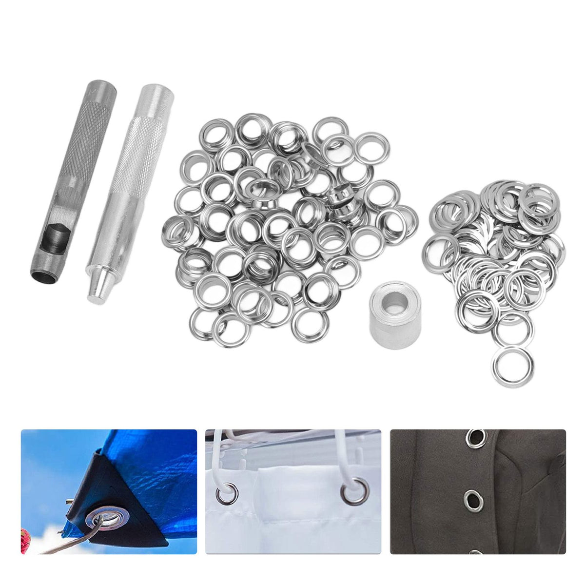 Grommet Tool Kit 100 Set Grommet Eyelets with Setting Tools Hole Cutter Mandrel for Tarps Handicraft