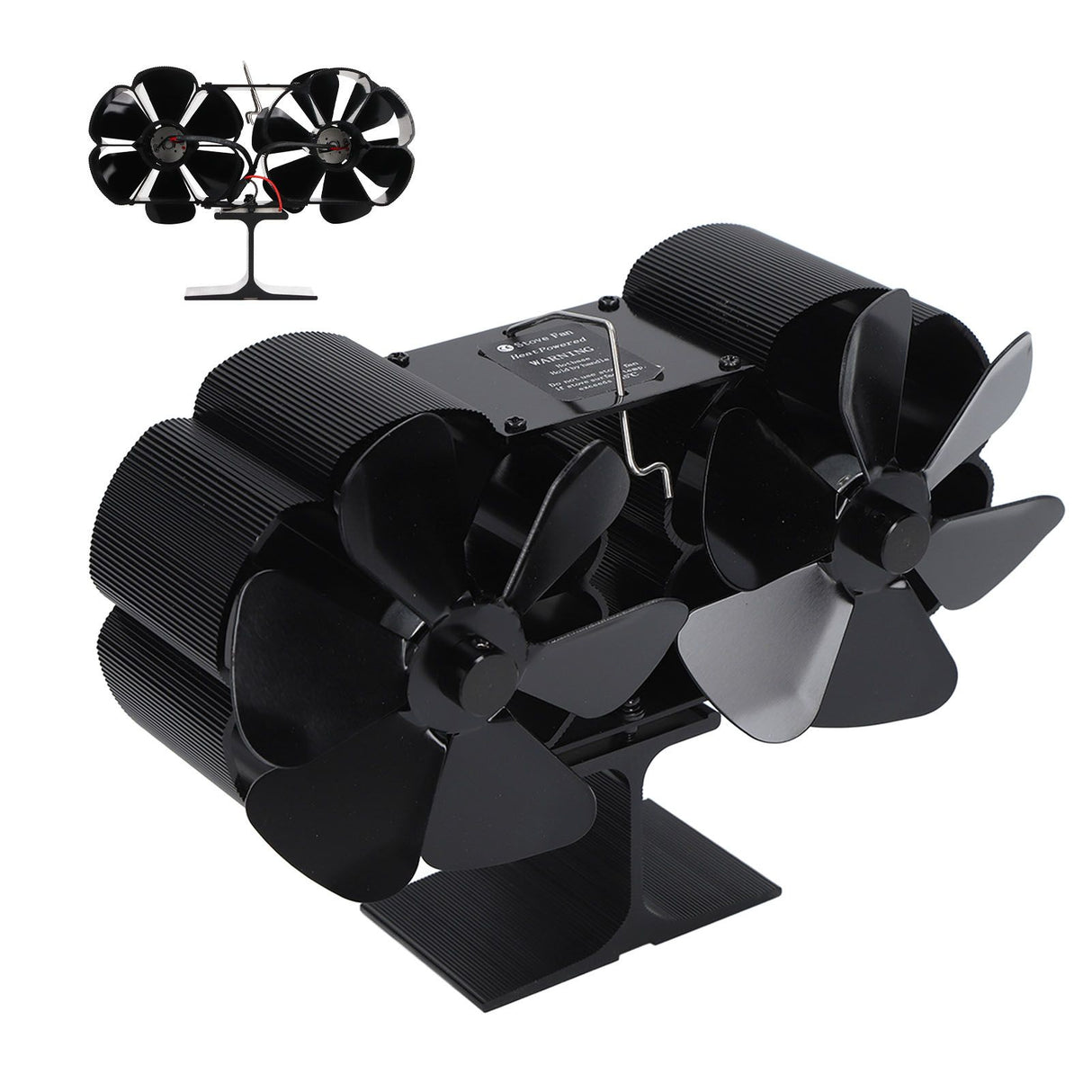 6 Blades Heat Powered Stove Fan Dual Head Fireplace Fan Home Non Electric Fan Black