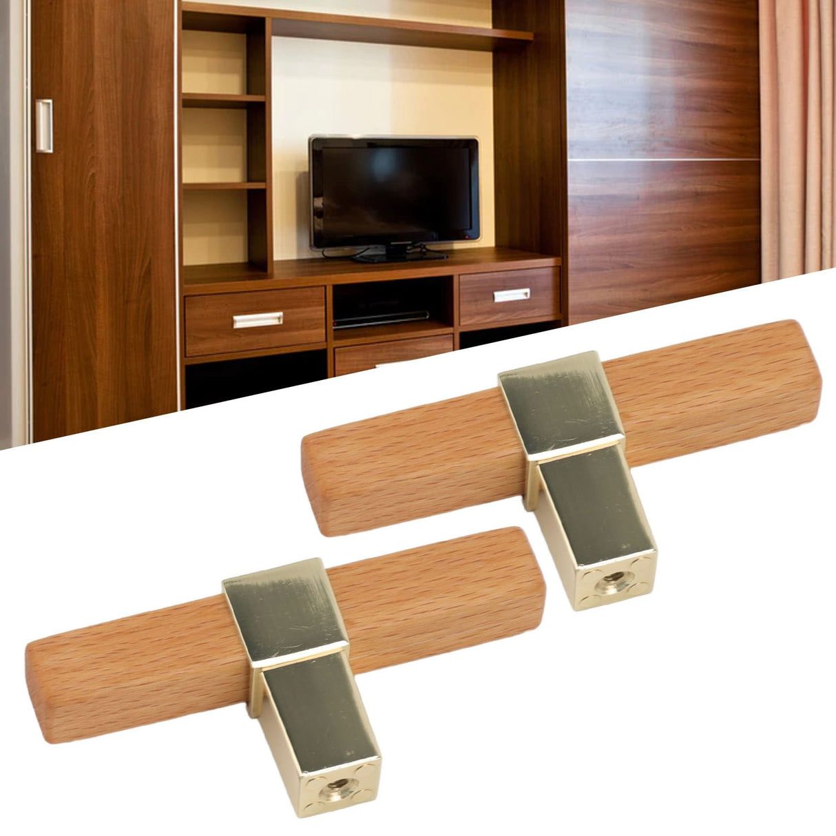 2 Pcs Wooden Cabinet Pulls Single Hole Door Pull Handle Knobs For Kitchen Drawer Cupboard Closet Golden