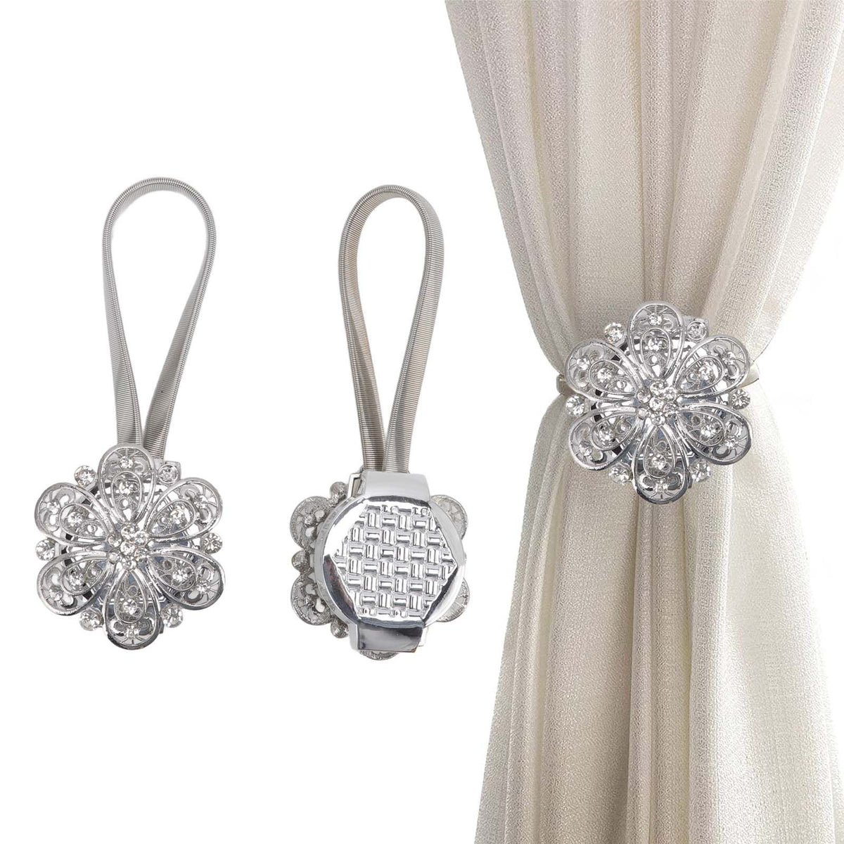 2Pcs Crystal Curtain Magnetic Tieback Stainless Steel Elegant Flower Curtain Clips Buckle for Living Room Bedroom
