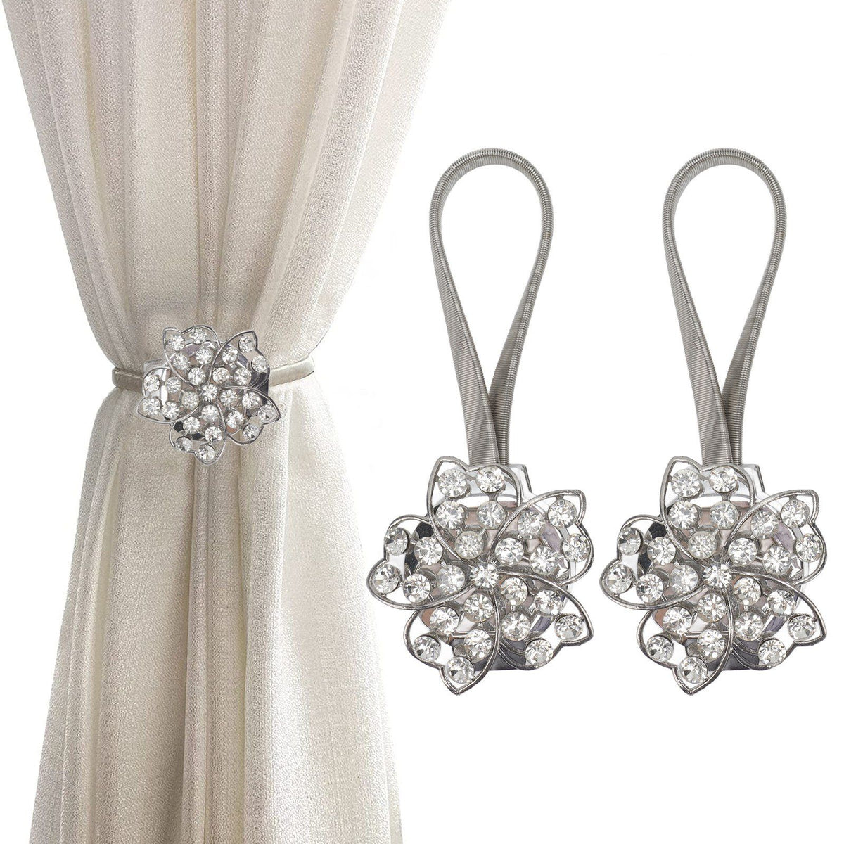 2Pcs Magnetic Curtain Tiebacks Stretchy Sparkling Crystal Flower Curtain Buckle Clips Stainless Wire Curtain Bind