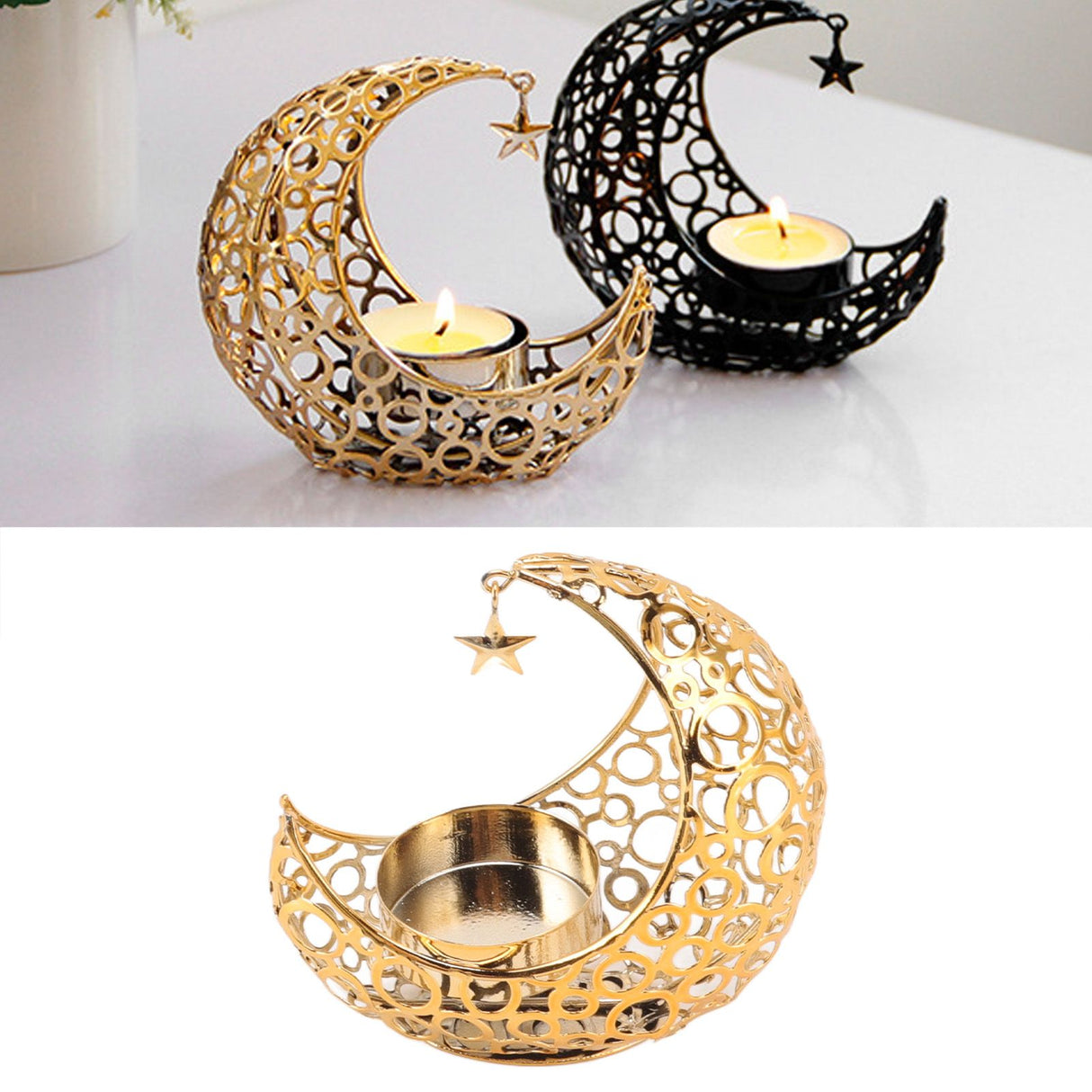 Romantic Moon Candlestick Iron Hollowed Candle Holder for Weddings Christmas Decoration Dining Coffee Table Gold