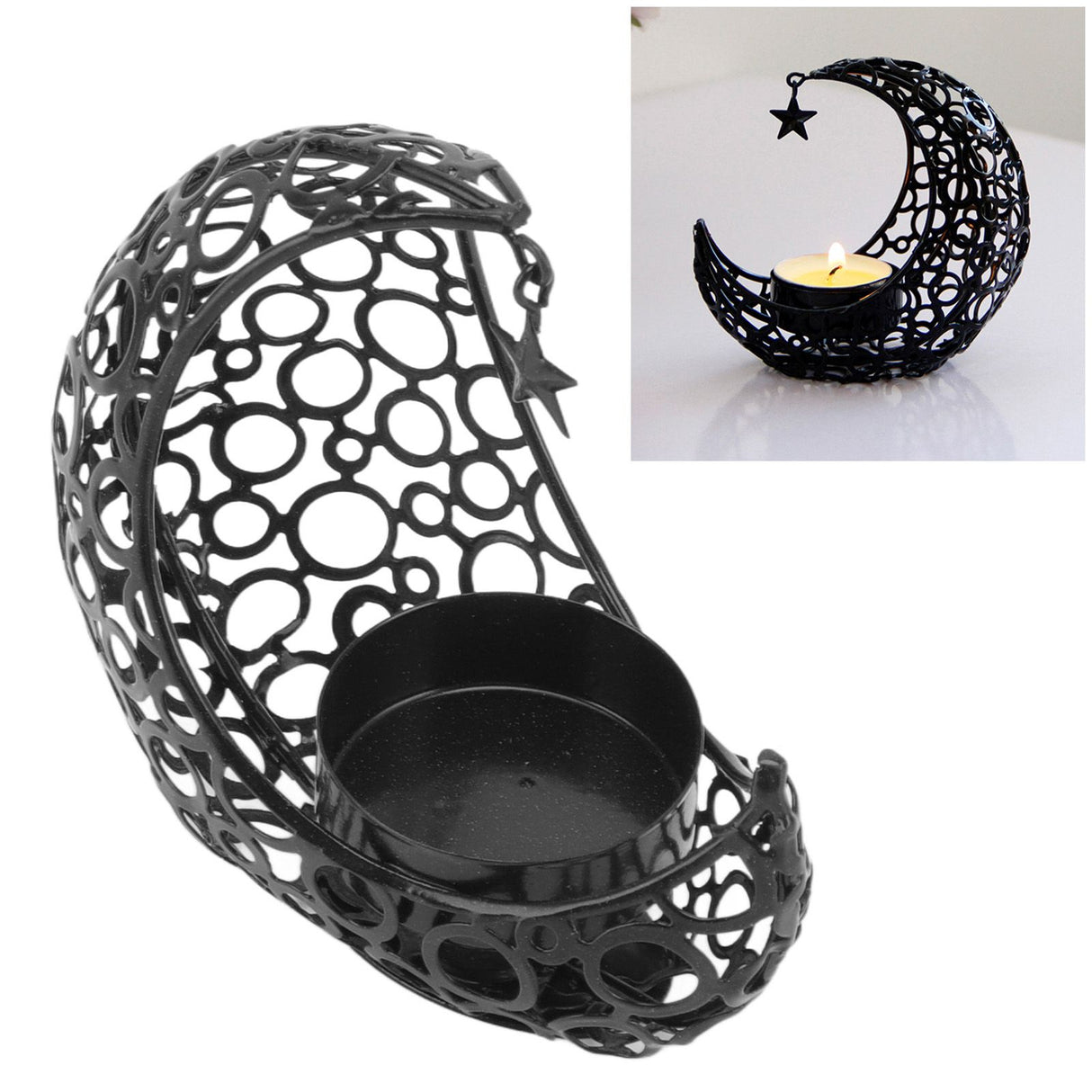 Romantic Moon Candlestick Iron Hollowed Candle Holder for Weddings Christmas Decoration Dining Coffee Table Black