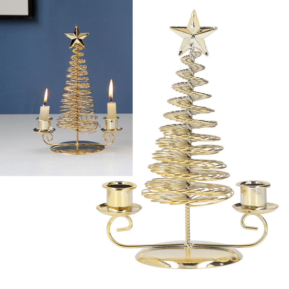 Candlestick Ornaments European Metal Christmas Tree Shape Wax Candle Holder Home Decoration Double Holder Gold