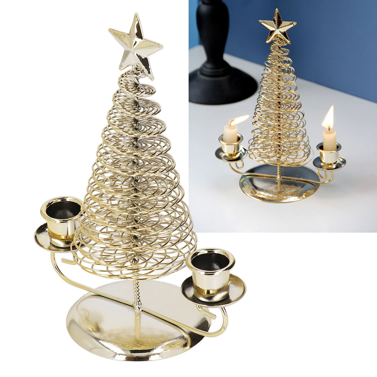 Candlestick Ornaments European Metal Christmas Tree Shape Wax Candle Holder Home Decoration Double Holder Gold