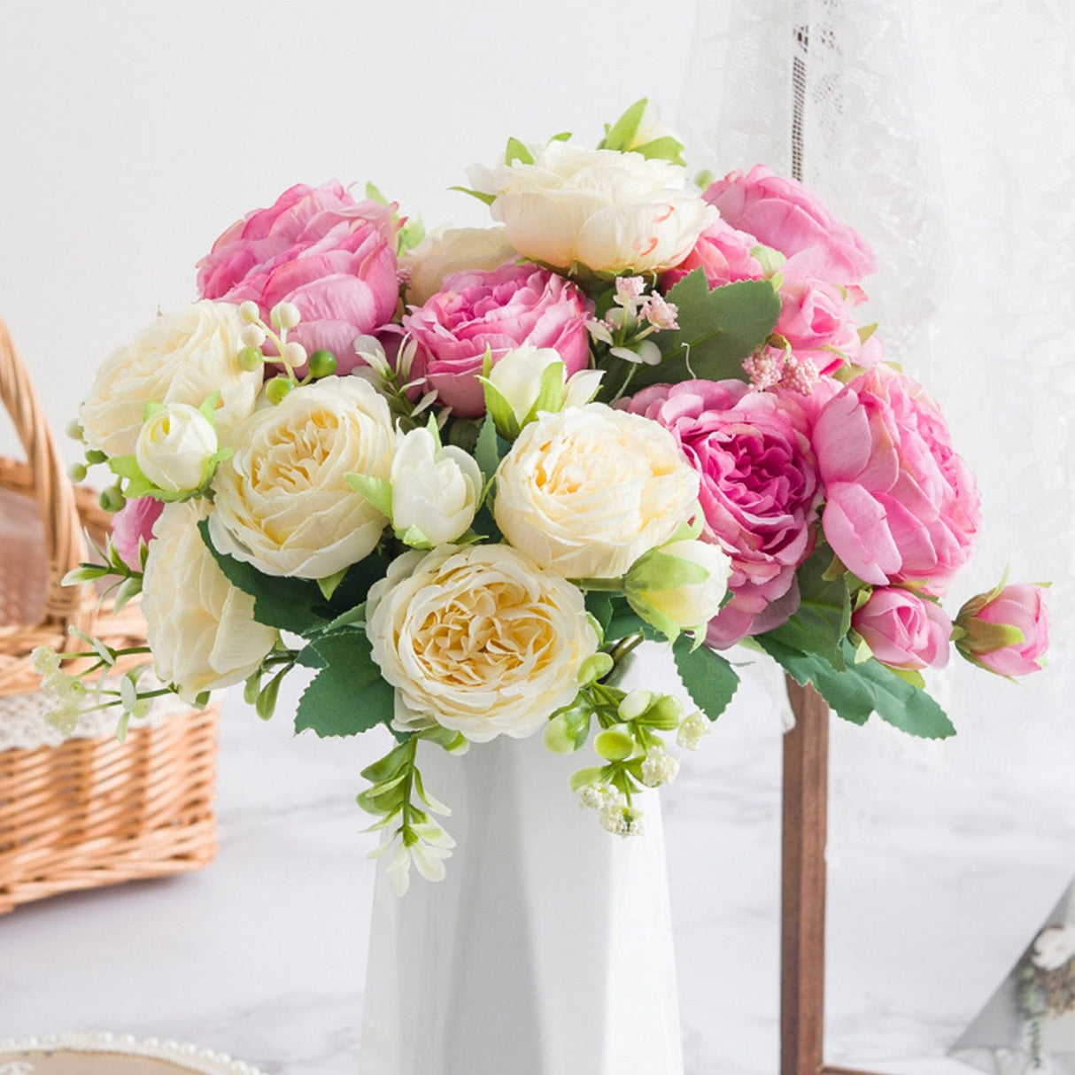 2 Bunches Artificial Peonies Romantic Vivid 6cm Diameter Attractive Decorative Light Weight Faux Peonies Decoration White