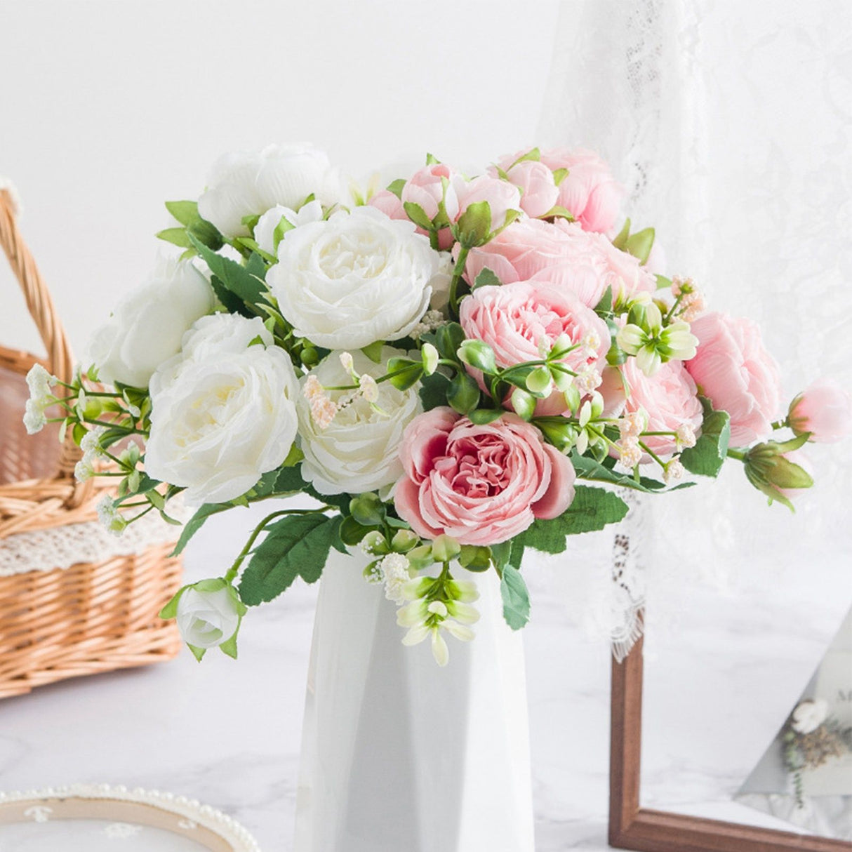 2 Bunches Artificial Peonies Romantic Vivid 6cm Diameter Attractive Decorative Light Weight Faux Peonies Decoration White